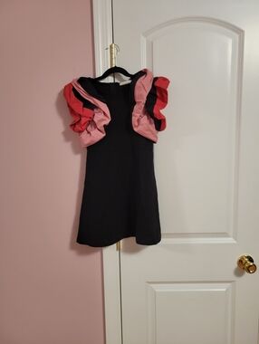 Like New Stunning Girls Black Mini Dress with Pink & Red Ruffle Sleeves- 6X
